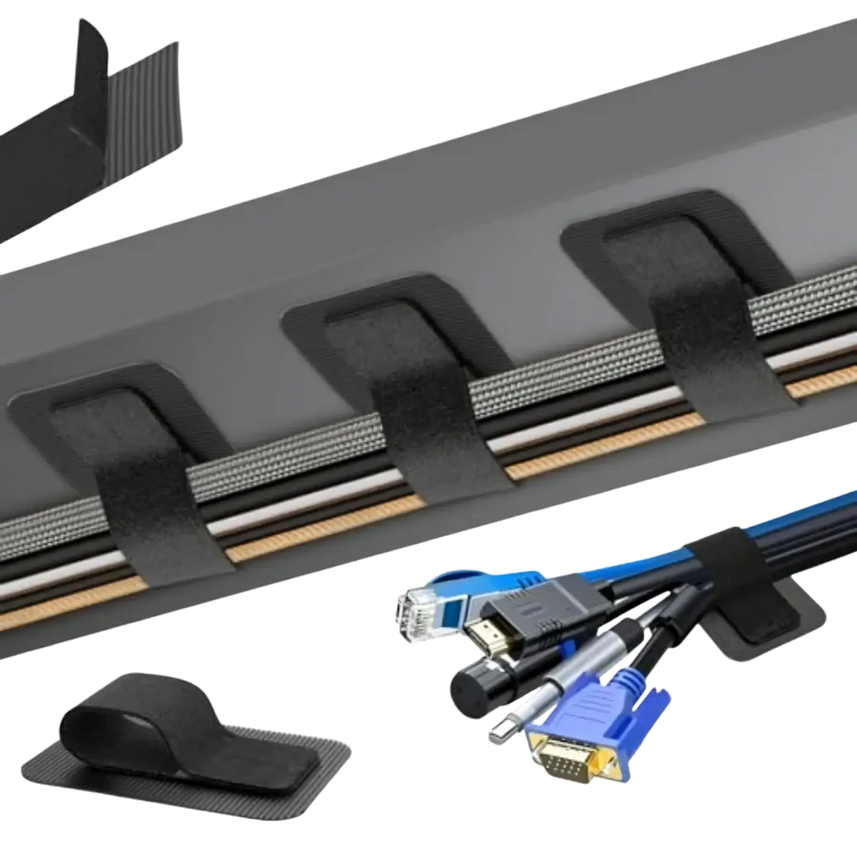 Black adhesive cable management strip with integrated velcro tabs for under desk cable organizer ties set
