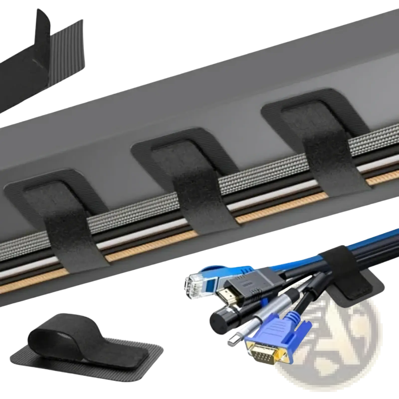 Black adhesive cable management strip with integrated velcro tabs for under desk cable organizer ties set