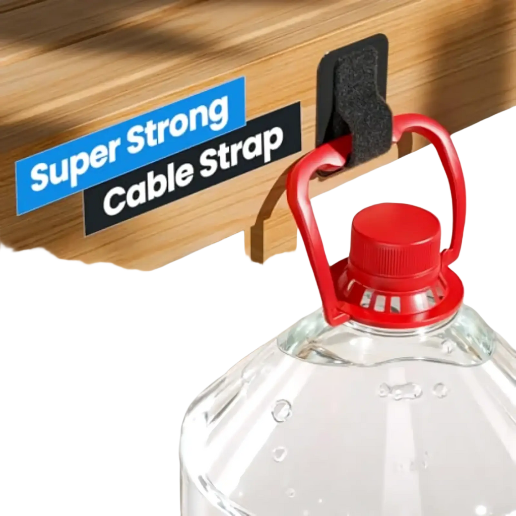 Red plastic under desk cable organizer tie set with hook design attached to a wooden surface