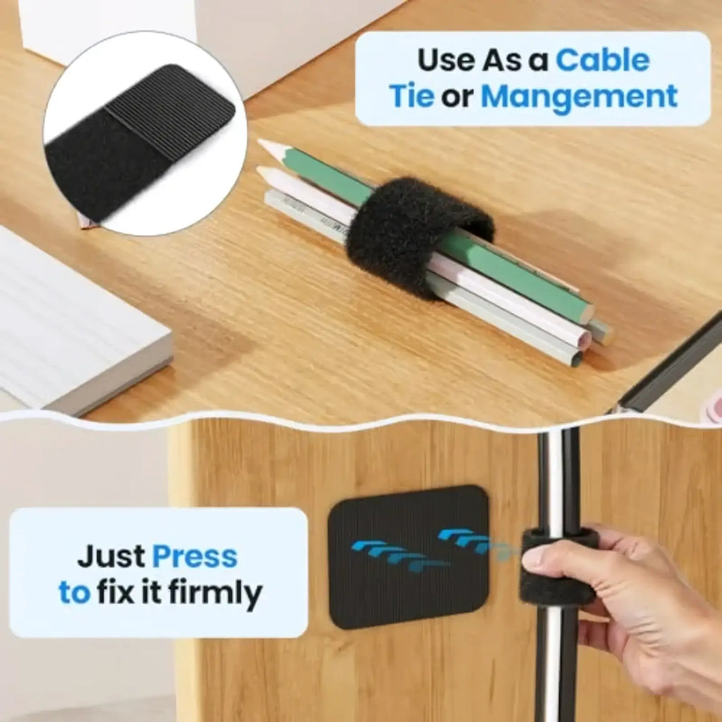 Black velcro cable tie made of durable fabric for under desk cable management and organization
