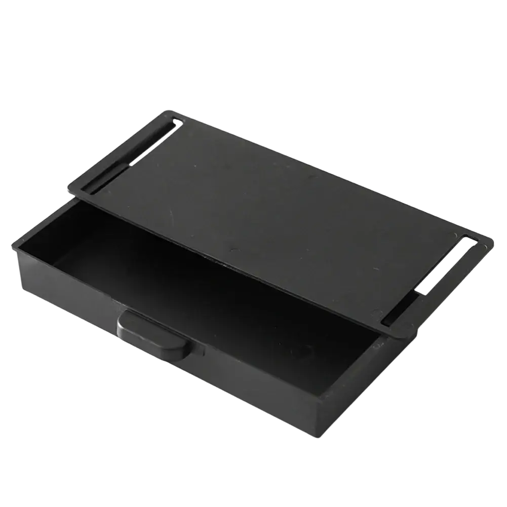 Black rectangular abs plastic under desk drawer organizer with hinged lid and integrated front handle