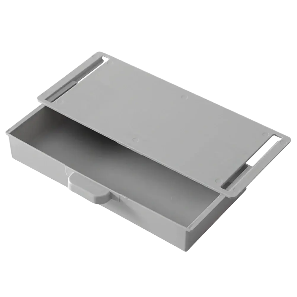 Gray plastic under desk drawer organizer with sliding lid and integrated handle for efficient storage