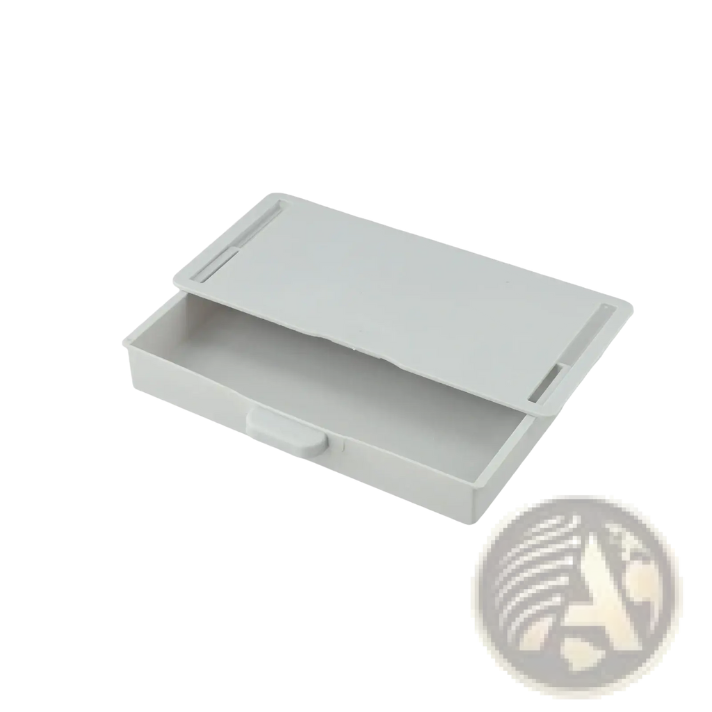 Light gray abs plastic under desk drawer organizer with hinged lid and integrated handle for office storage