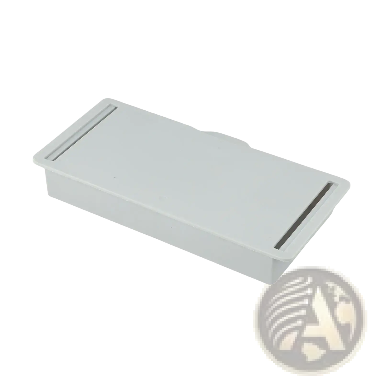 Light gray plastic under desk drawer organizer abs storage box with two vertical slots on the top surface