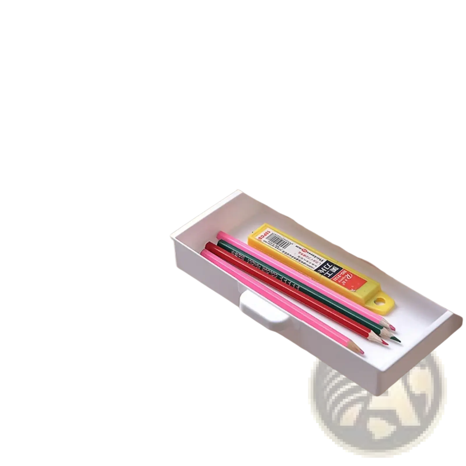 White plastic abs under desk drawer organizer with two compartments holding colored pencils eraser and markers