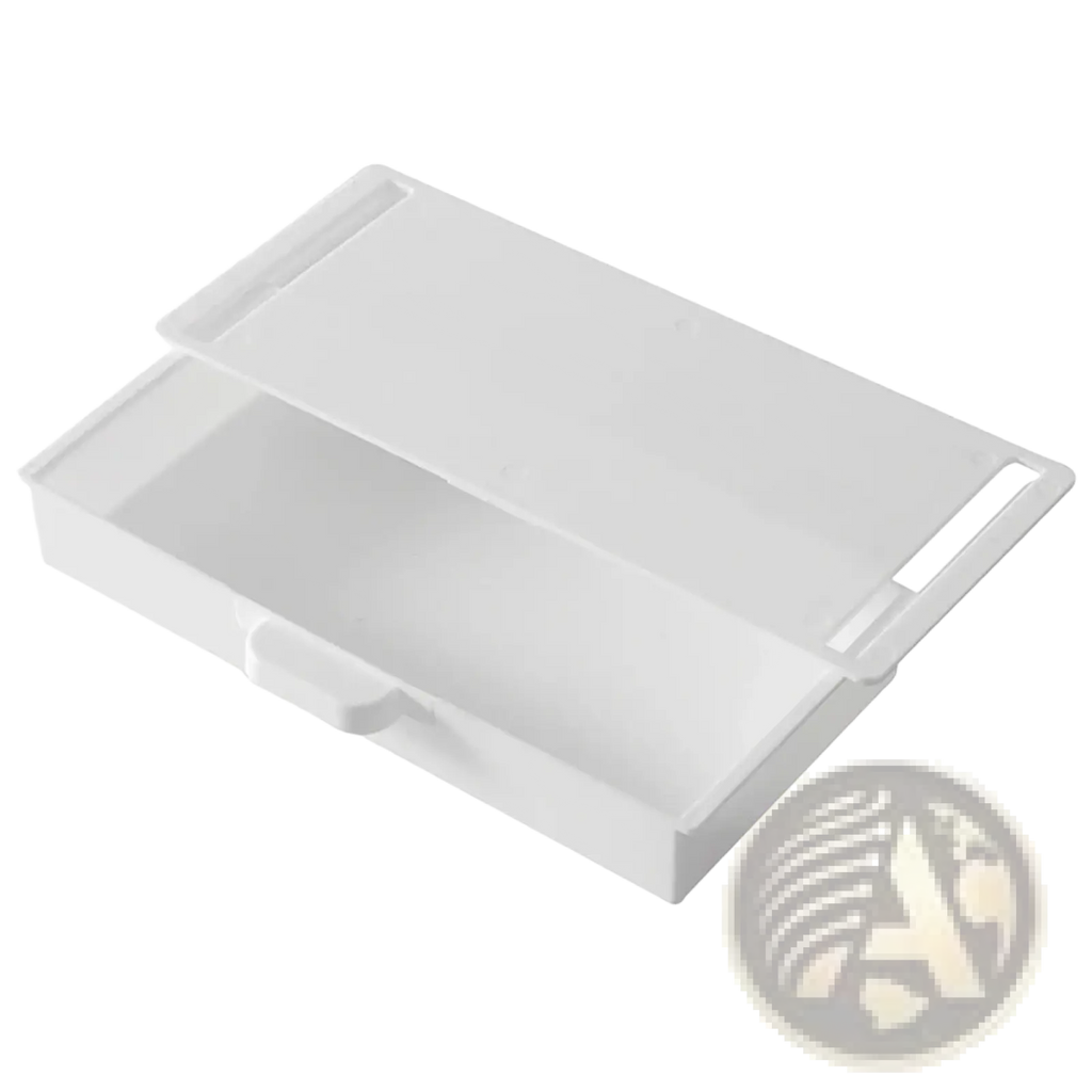 White plastic abs storage box with hinged lid and handle designed as an under desk drawer organizer