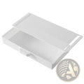 White plastic abs storage box with hinged lid and handle designed as an under desk drawer organizer