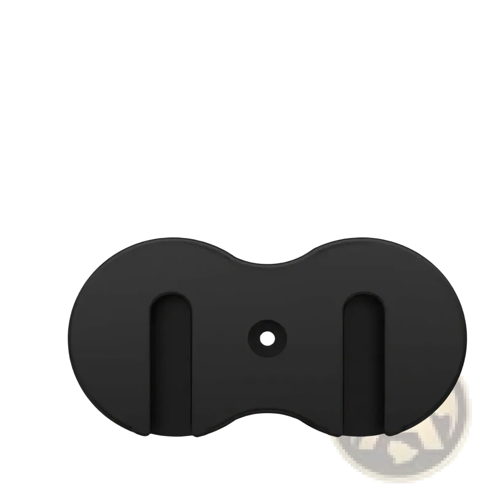 Black oval-shaped under desk game controller mount holder with central hole and vertical slots for secure attachment