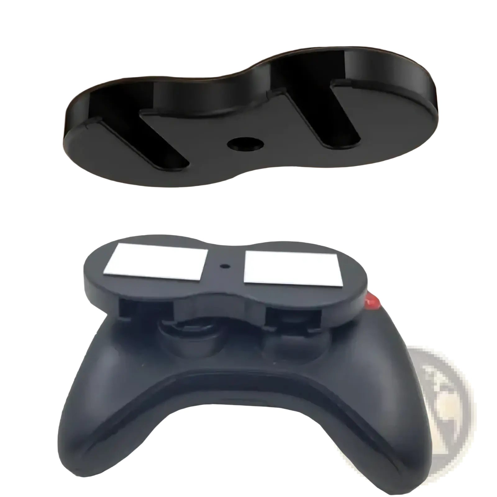 Black plastic under desk game controller mount holder with two white magnetic pads for secure attachment