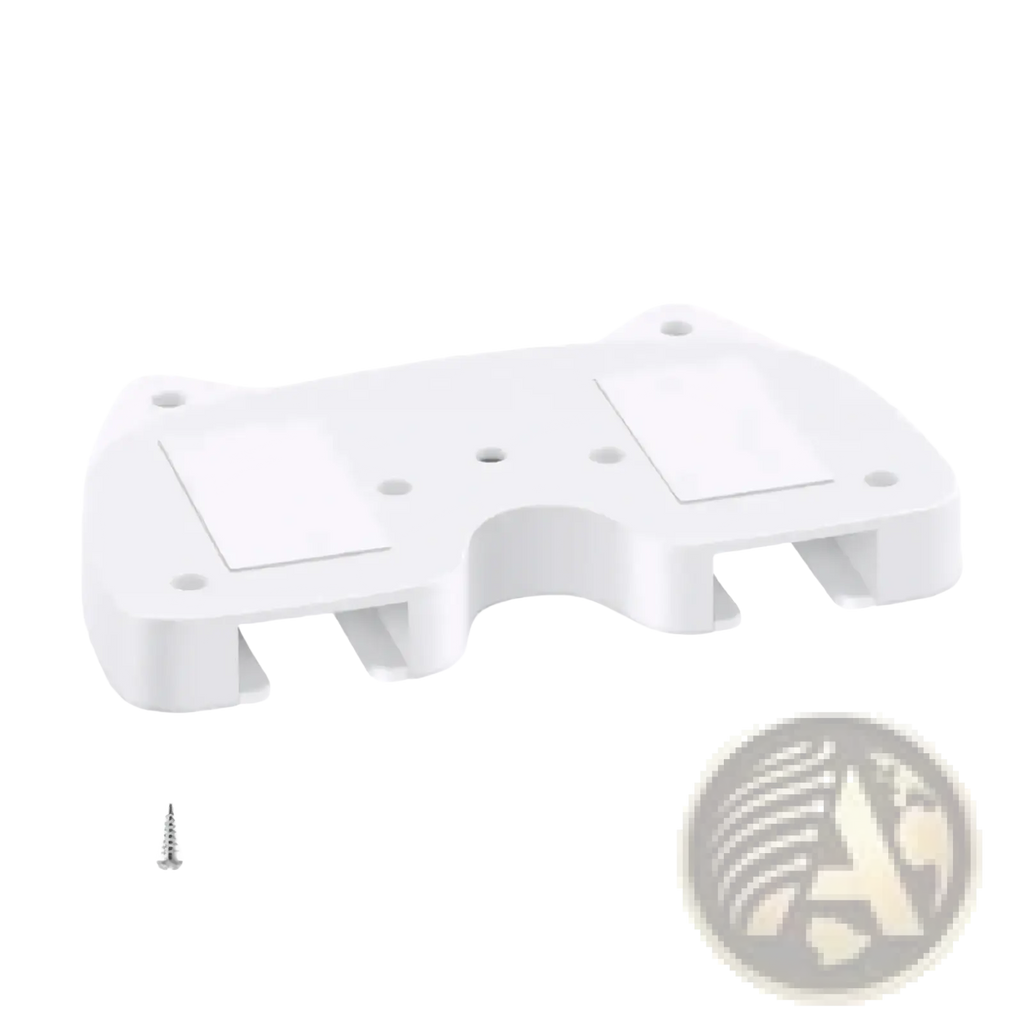 White plastic under desk game controller mount holder with rectangular cutouts and screw holes with a silver screw