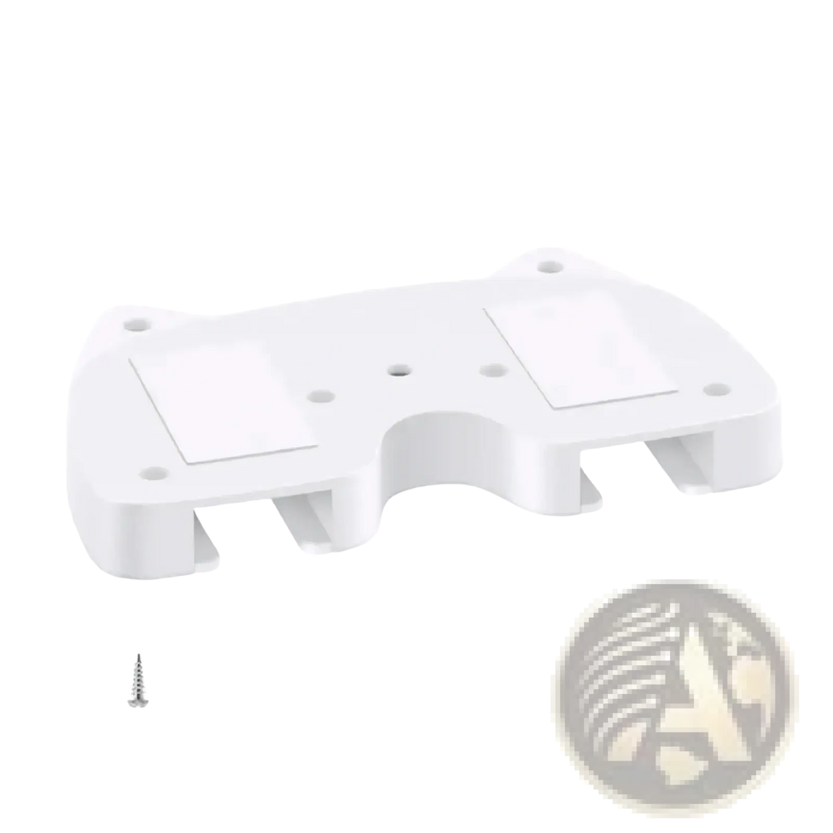 White plastic under desk game controller mount holder with rectangular cutouts and screw holes with a silver screw