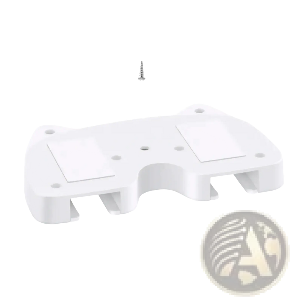 White plastic under desk game controller mount holder with two rectangular cutouts central slot and one silver screw