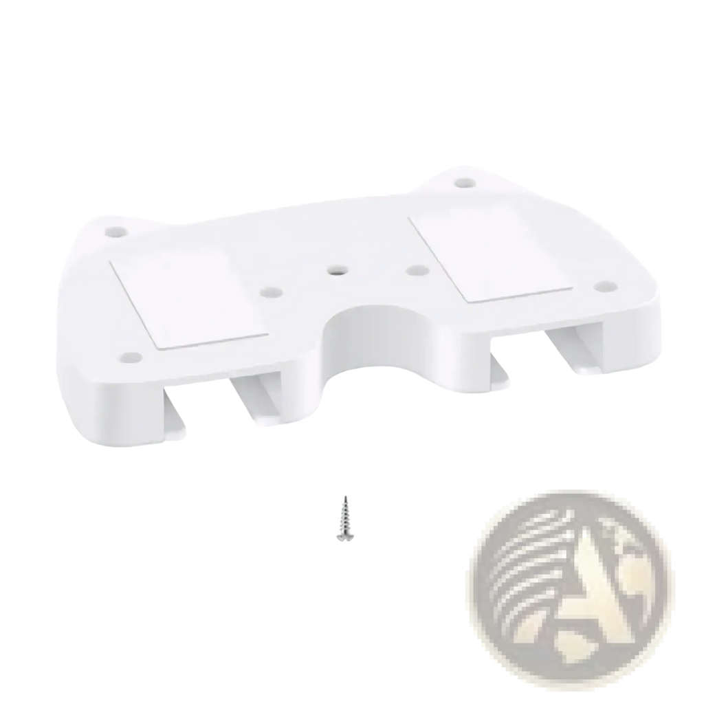 White plastic under desk game controller mount holder with integrated slots and mounting holes on the back side