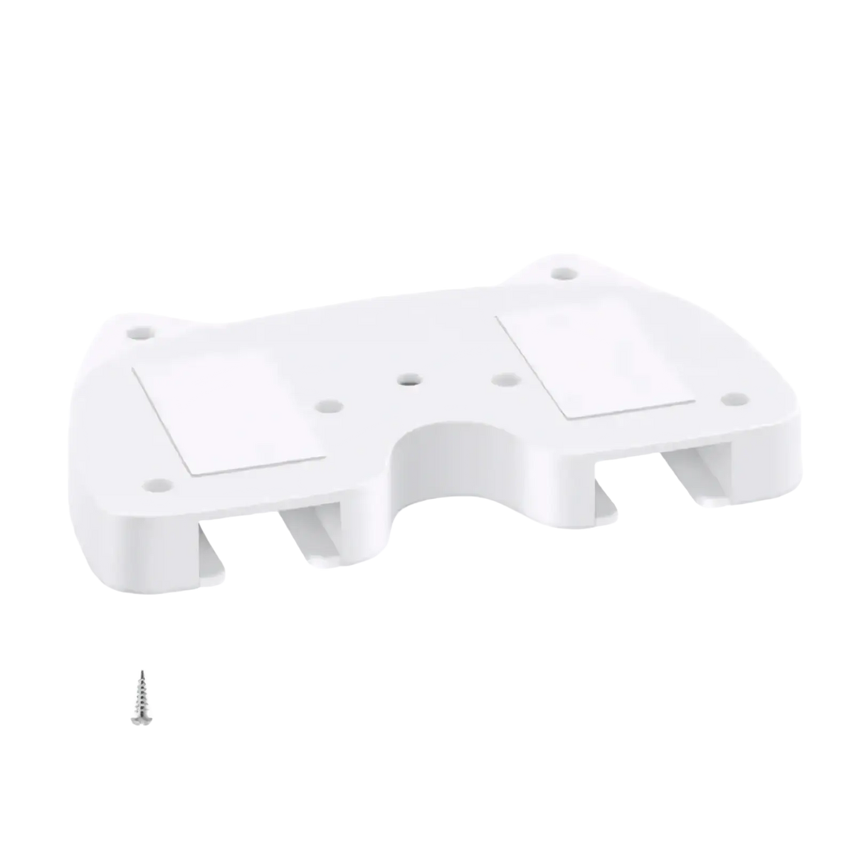 White plastic under desk game controller mount holder with rectangular cutouts and screw holes with a silver screw