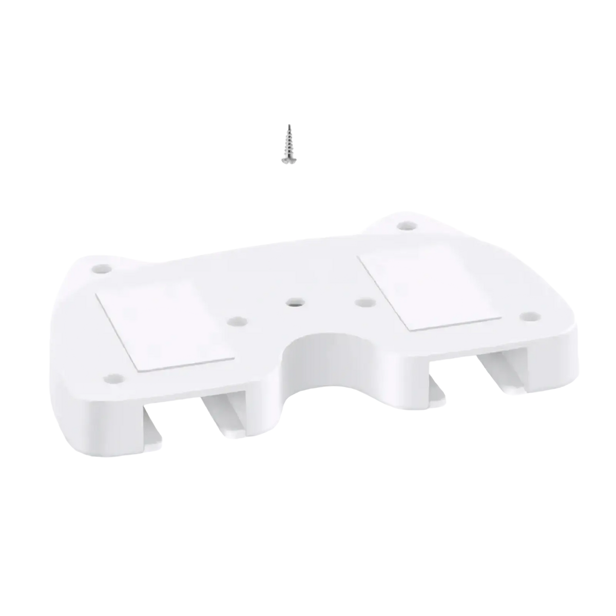 White plastic under desk game controller mount holder with two rectangular cutouts central slot and one silver screw