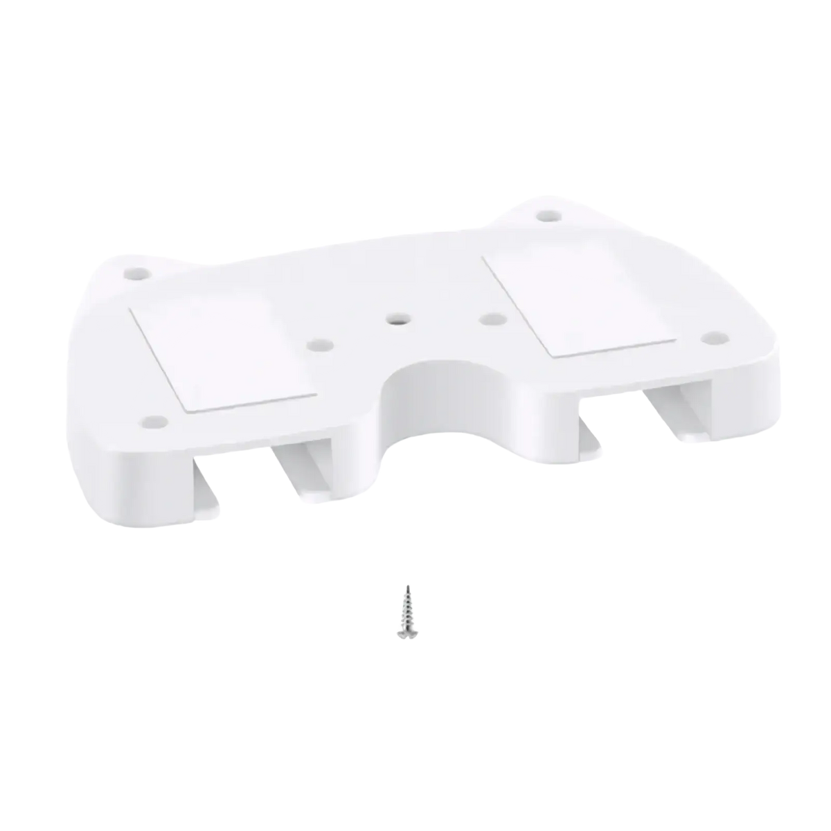 White plastic under desk game controller mount holder with integrated slots and mounting holes on the back side