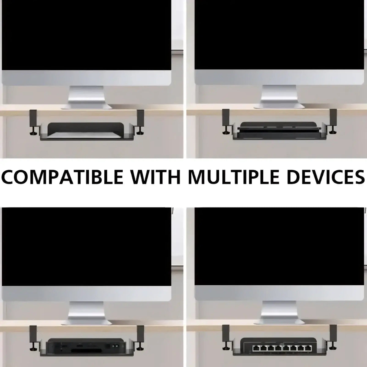 Adjustable black monitor stand with silver clamps and minimalist design for under desk laptop tray and cable management organizer