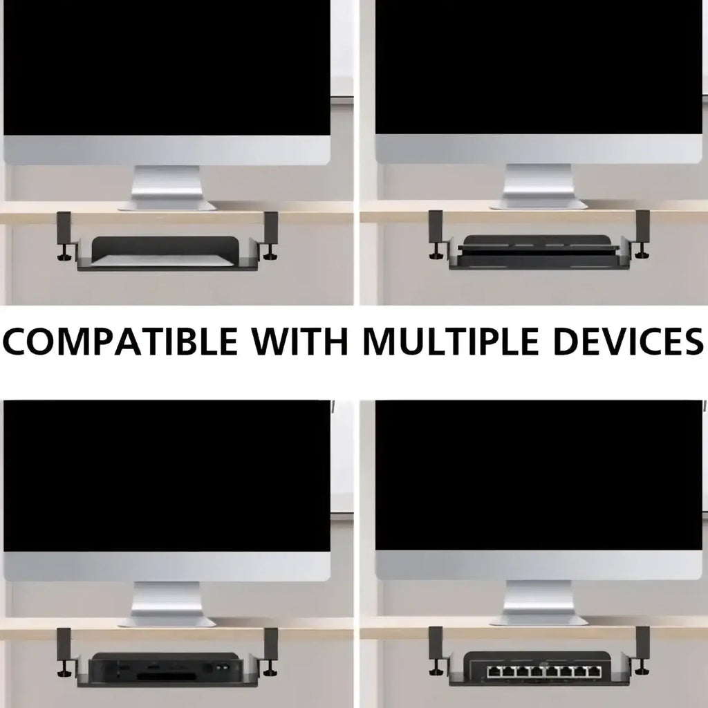 Adjustable black monitor stand with silver clamps and minimalist design for under desk laptop tray and cable management organizer