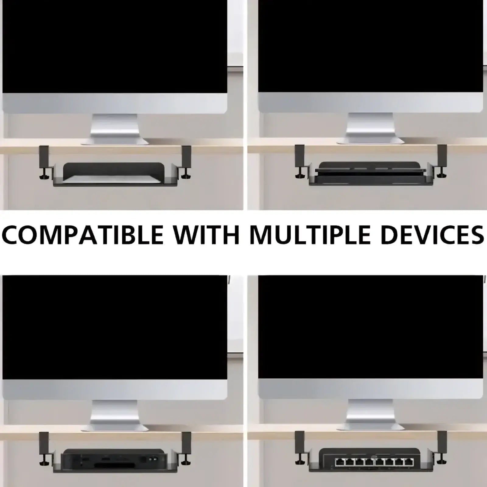 Adjustable black monitor stand with silver clamps and minimalist design for under desk laptop tray and cable management organizer