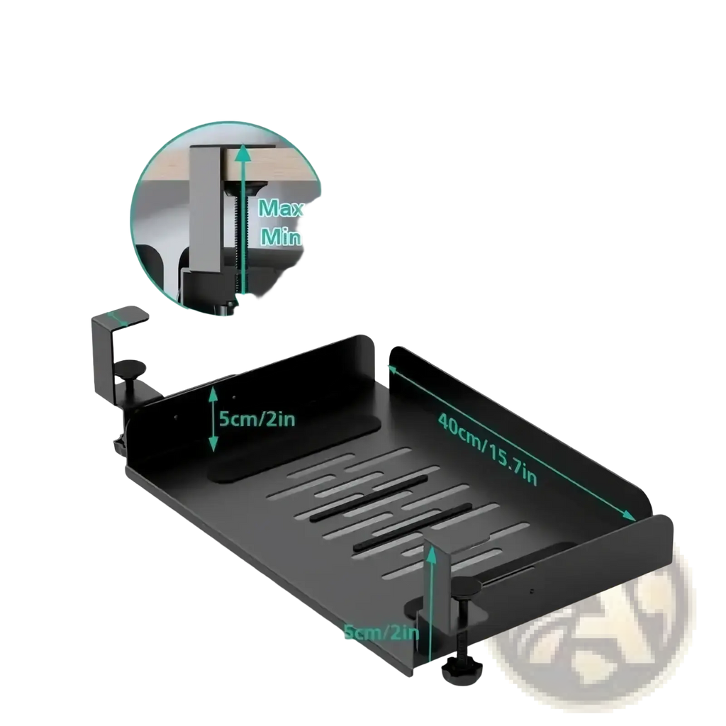 Black metal under desk laptop tray and cable management organizer with adjustable clamp and slotted tray