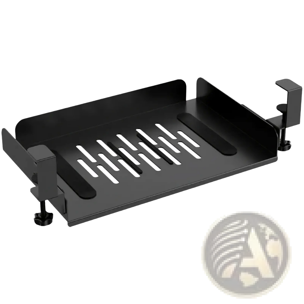 Black metal under desk laptop tray with perforated surface and adjustable clamps for cable management and organization