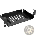 Black metal under desk laptop tray with perforated surface and adjustable clamps for cable management and organization