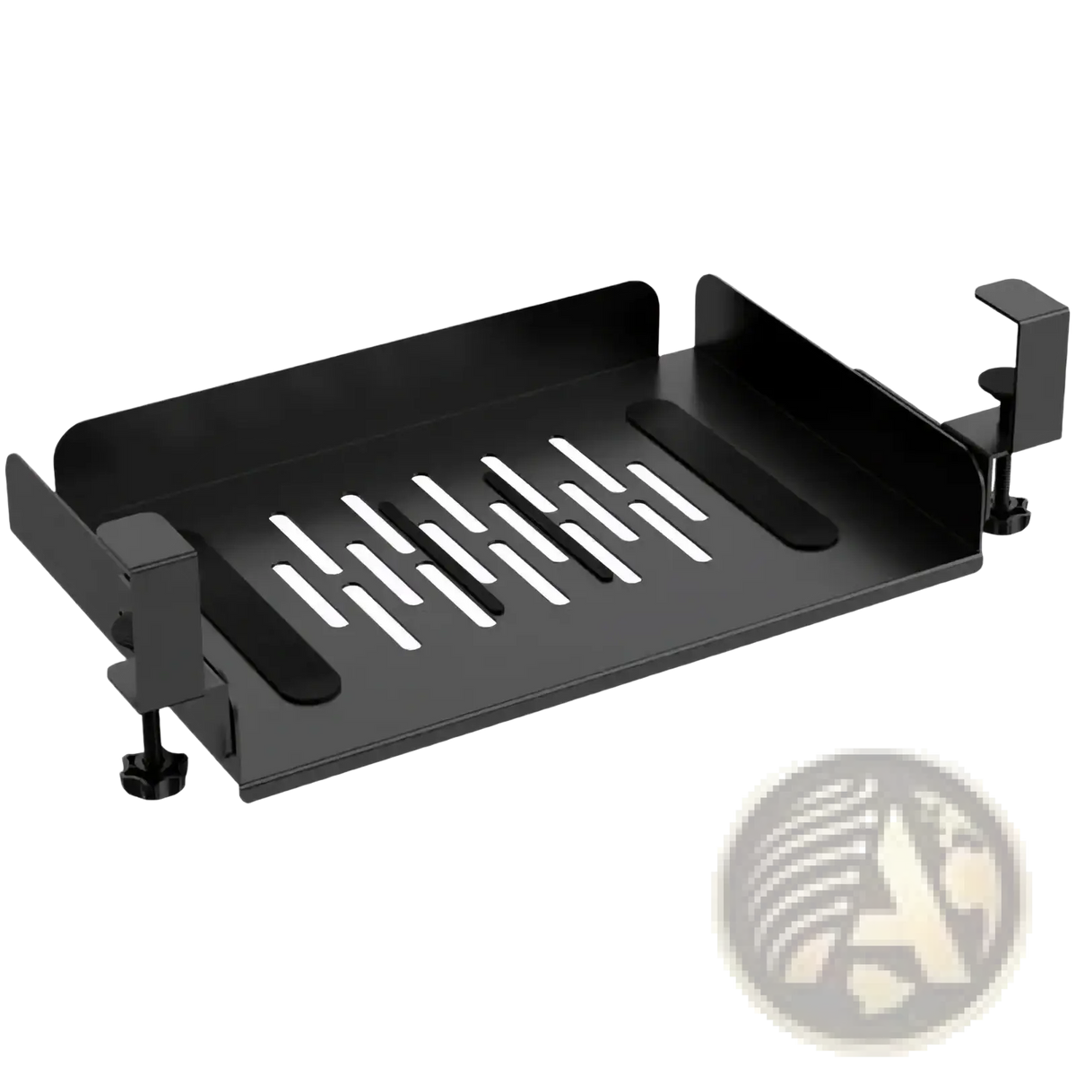 Black metal under desk laptop tray with perforated surface and adjustable clamps for cable management and organization