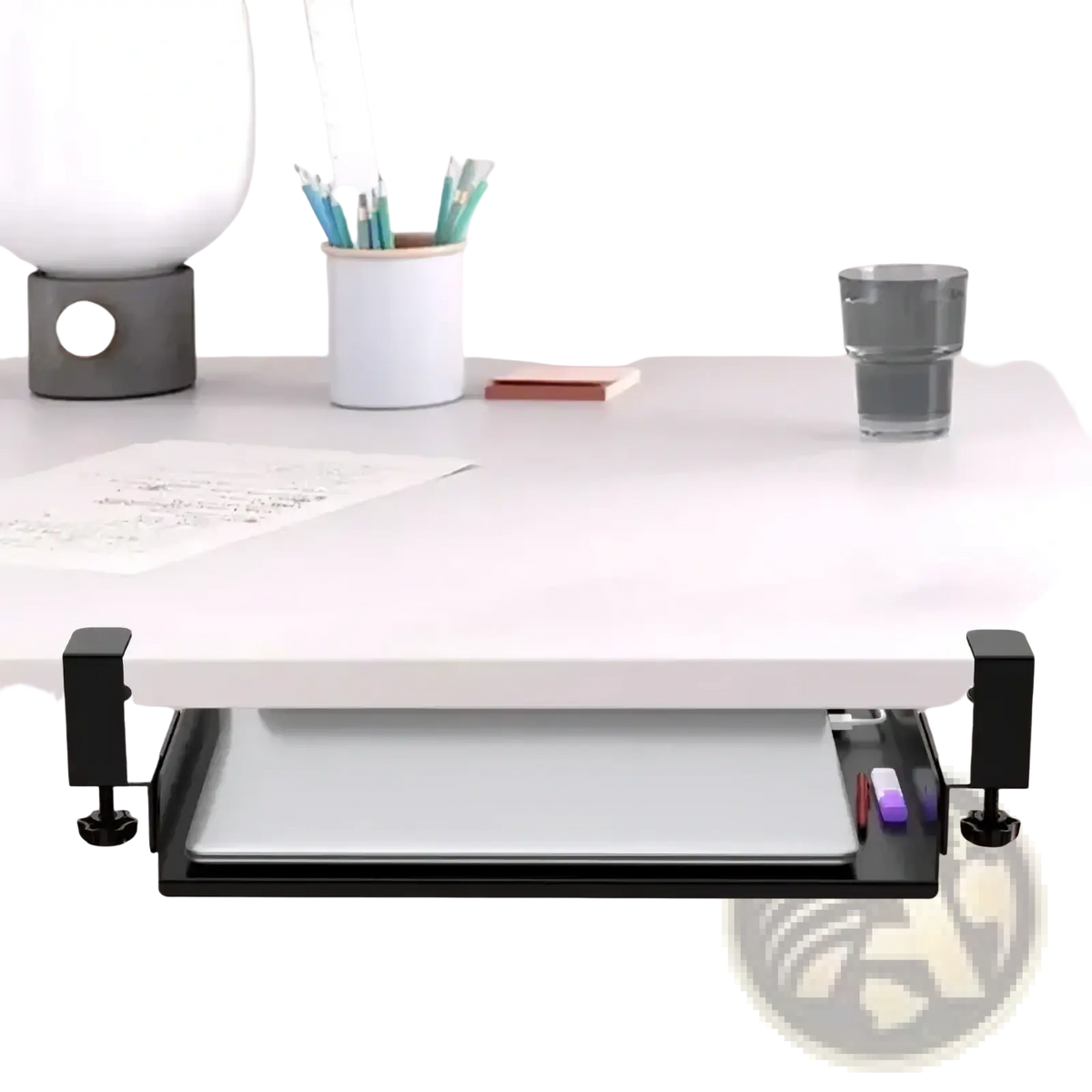 Black under desk laptop tray with adjustable clamps and sleek minimalist design for notebook storage and cable management