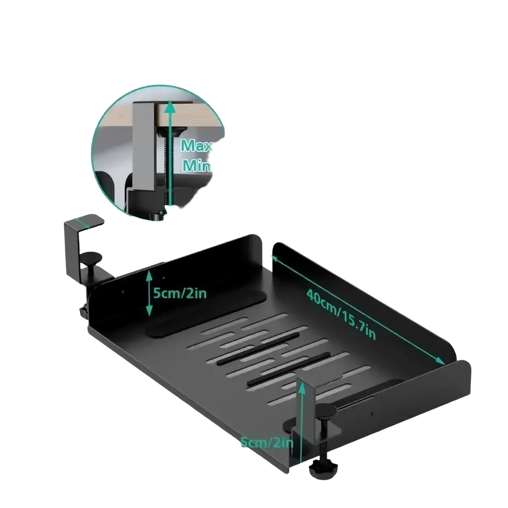 Black metal under desk laptop tray and cable management organizer with adjustable clamp and slotted tray