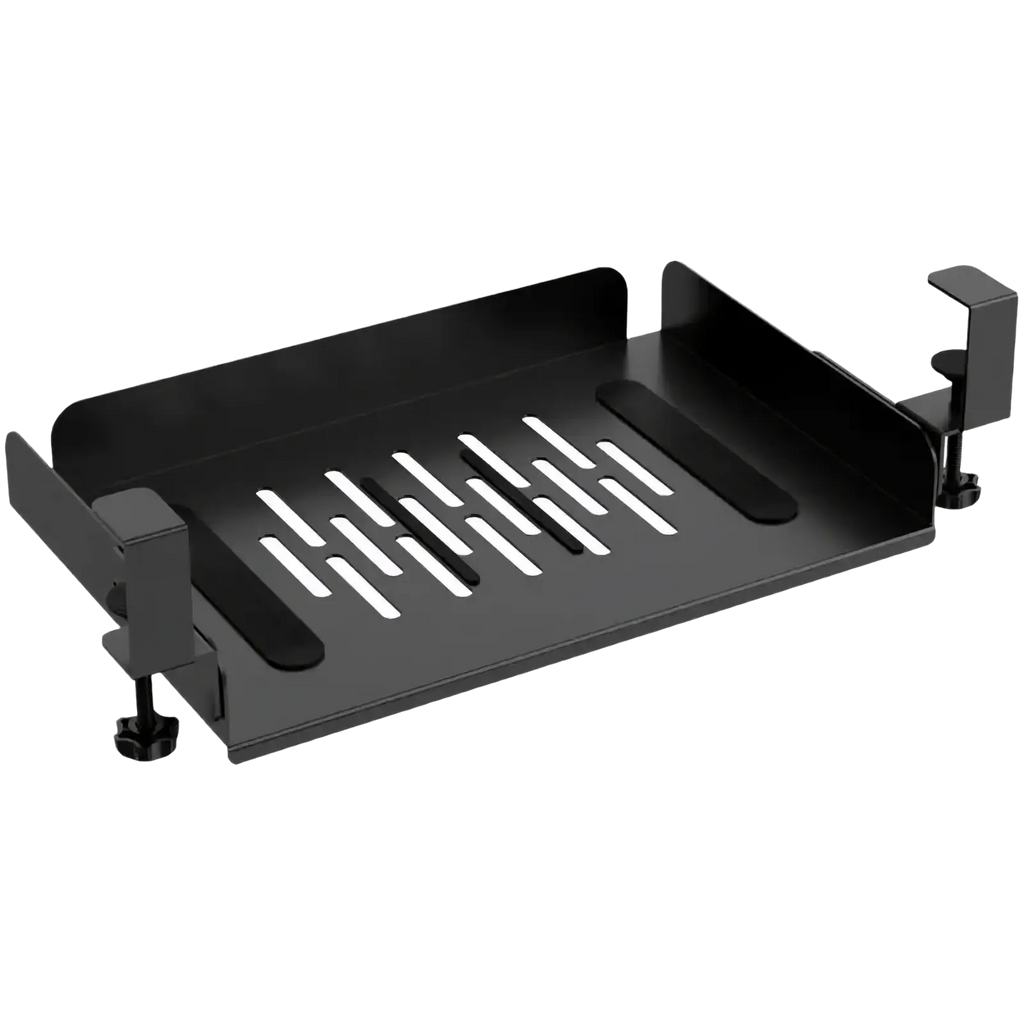 Black metal under desk laptop tray with perforated surface and adjustable clamps for cable management and organization