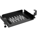 Black metal under desk laptop tray with perforated surface and adjustable clamps for cable management and organization