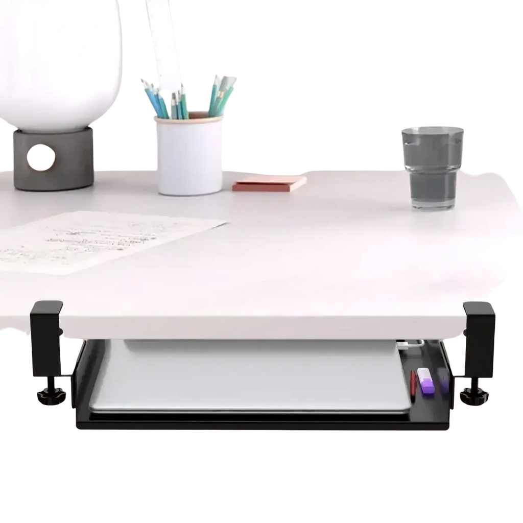 Black under desk laptop tray with adjustable clamps and sleek minimalist design for notebook storage and cable management