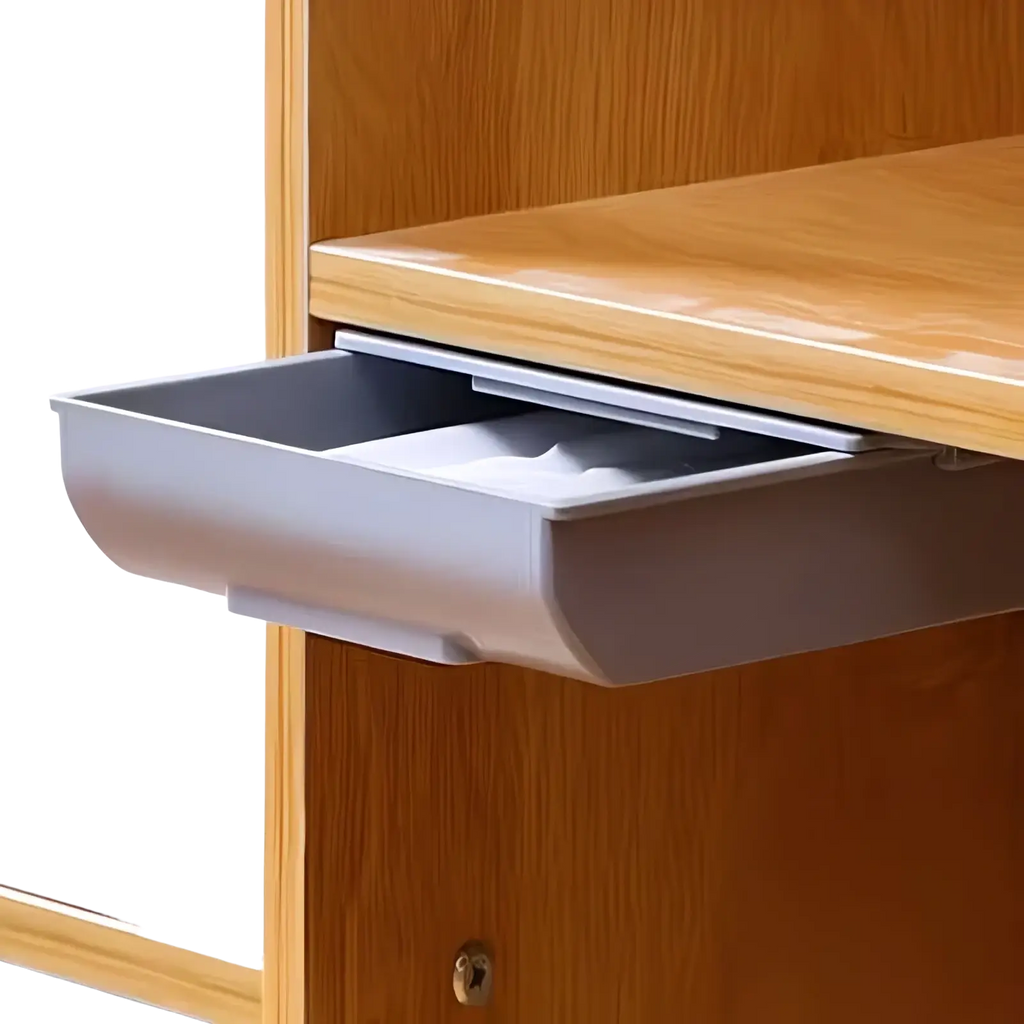 Under desk storage box sliding drawer organizer in gray plastic with sleek modern design and smooth edges