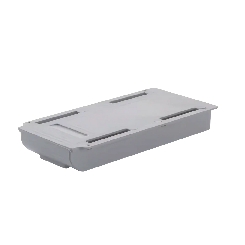 Gray plastic under desk storage box sliding drawer organizer with molded indentations and rounded edges