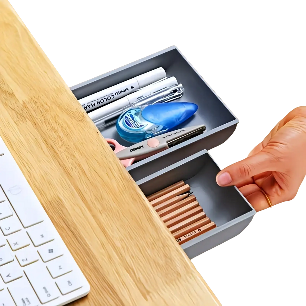 Gray two-tiered under desk storage box sliding drawer organizer holding pens scissors and pencils with modern design