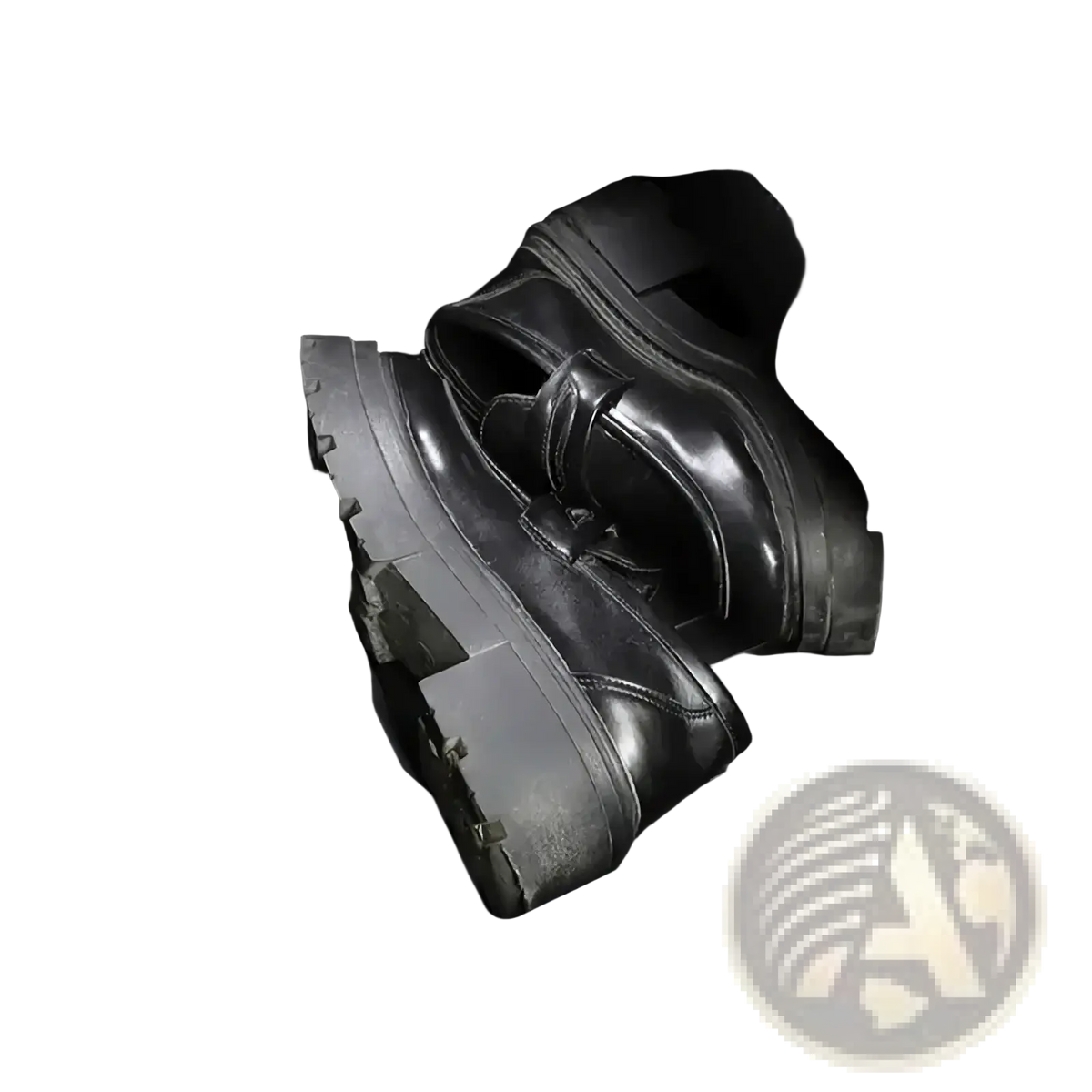 Black leather chunky-soled shoes stored in a sleek black under seat car organizer storage drawer tray footwell organizer
