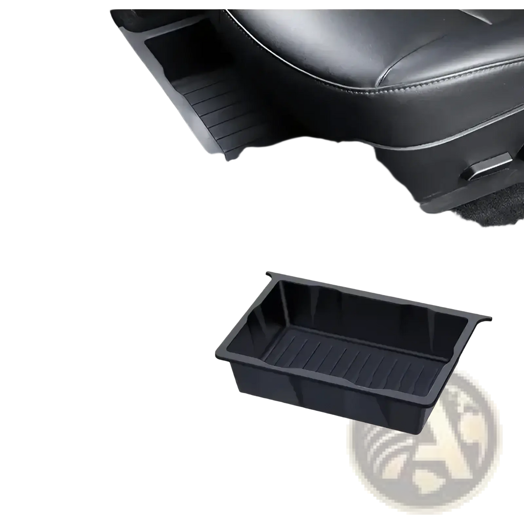 Black plastic under seat car organizer storage drawer tray with ribbed interior and raised edges for secure storage