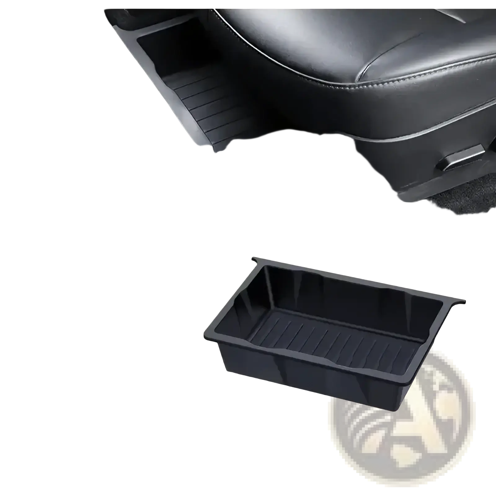 Black plastic under seat car organizer storage drawer tray with ribbed interior and raised edges for secure storage
