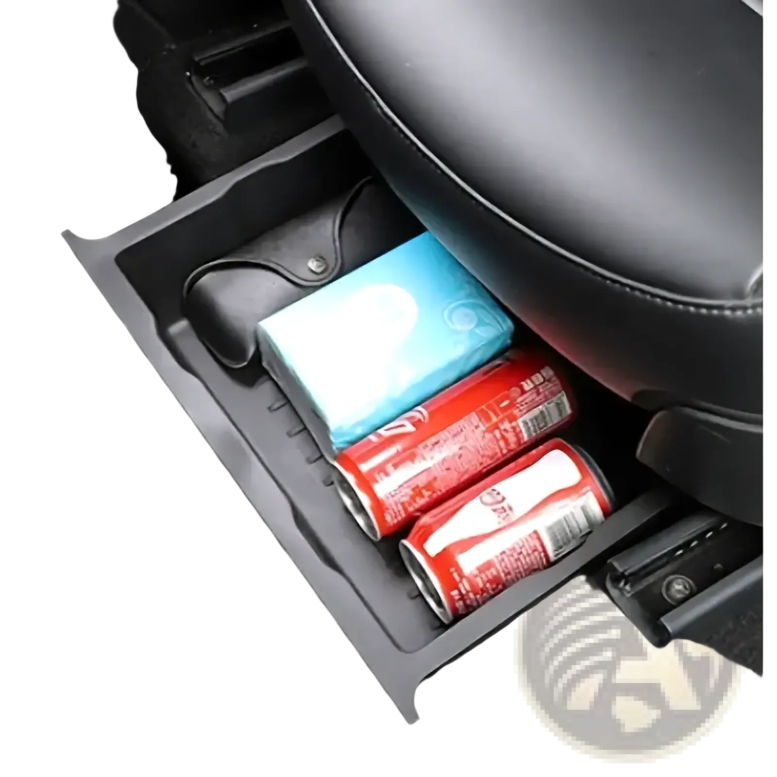 Black plastic under seat car organizer storage drawer tray with molded compartments and raised edges for storage