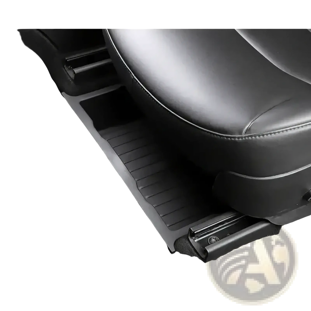 Black rubber under seat car organizer storage drawer tray with ribbed texture and metal mounting brackets