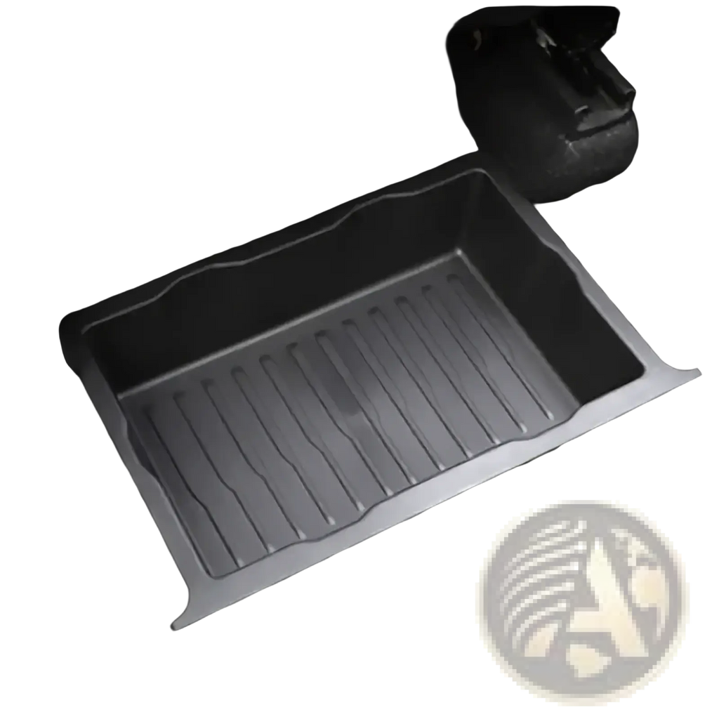 Gray plastic under seat car organizer storage drawer tray with ribbed texture and molded edges for footwell use