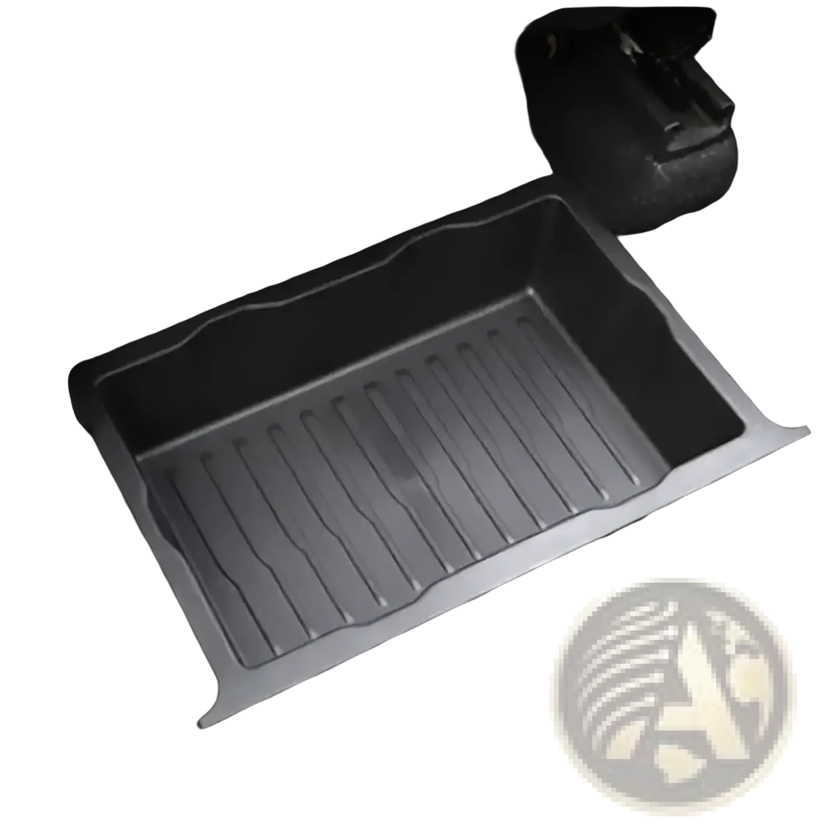 Gray plastic under seat car organizer storage drawer tray with ribbed texture and molded edges for footwell use