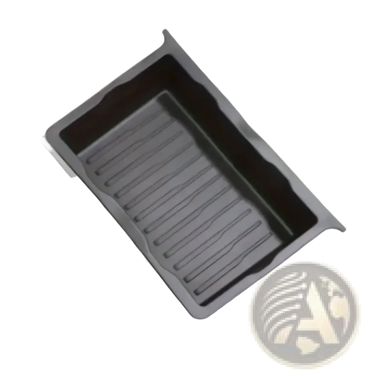 Gray plastic under seat car organizer storage drawer tray with ridged interior and raised edges for vehicle use
