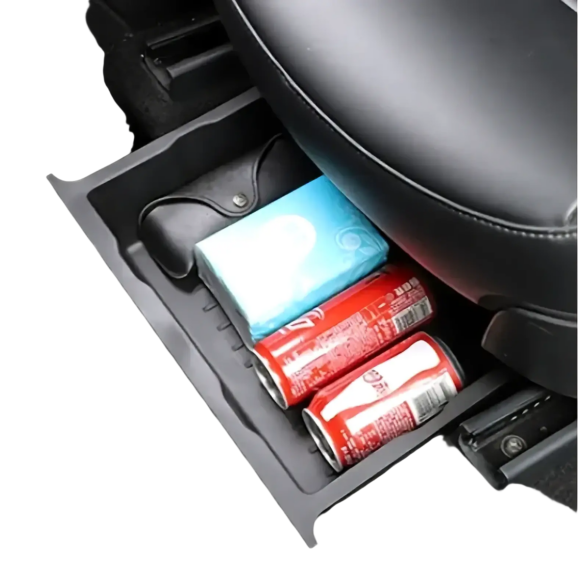 Black plastic under seat car organizer storage drawer tray with molded compartments and raised edges for storage