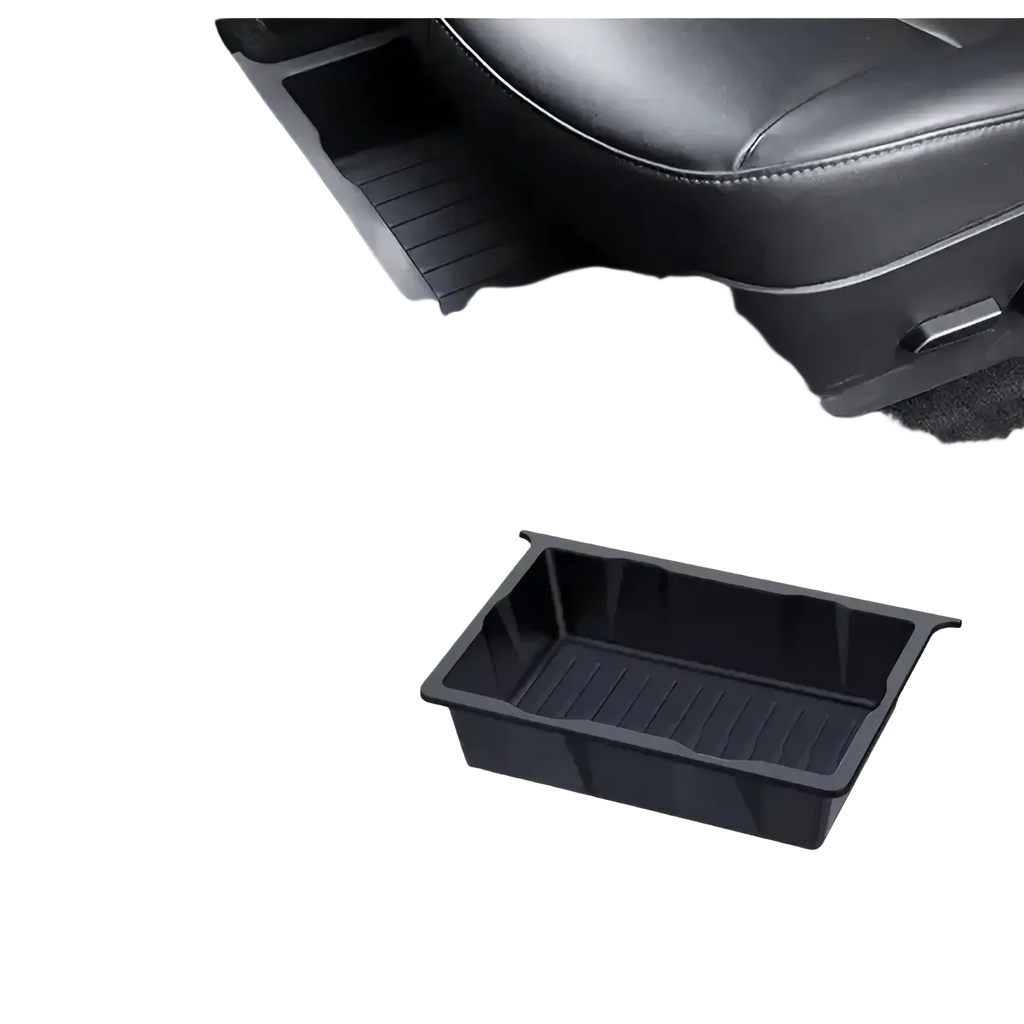 Black plastic under seat car organizer storage drawer tray with ribbed interior and raised edges for secure storage