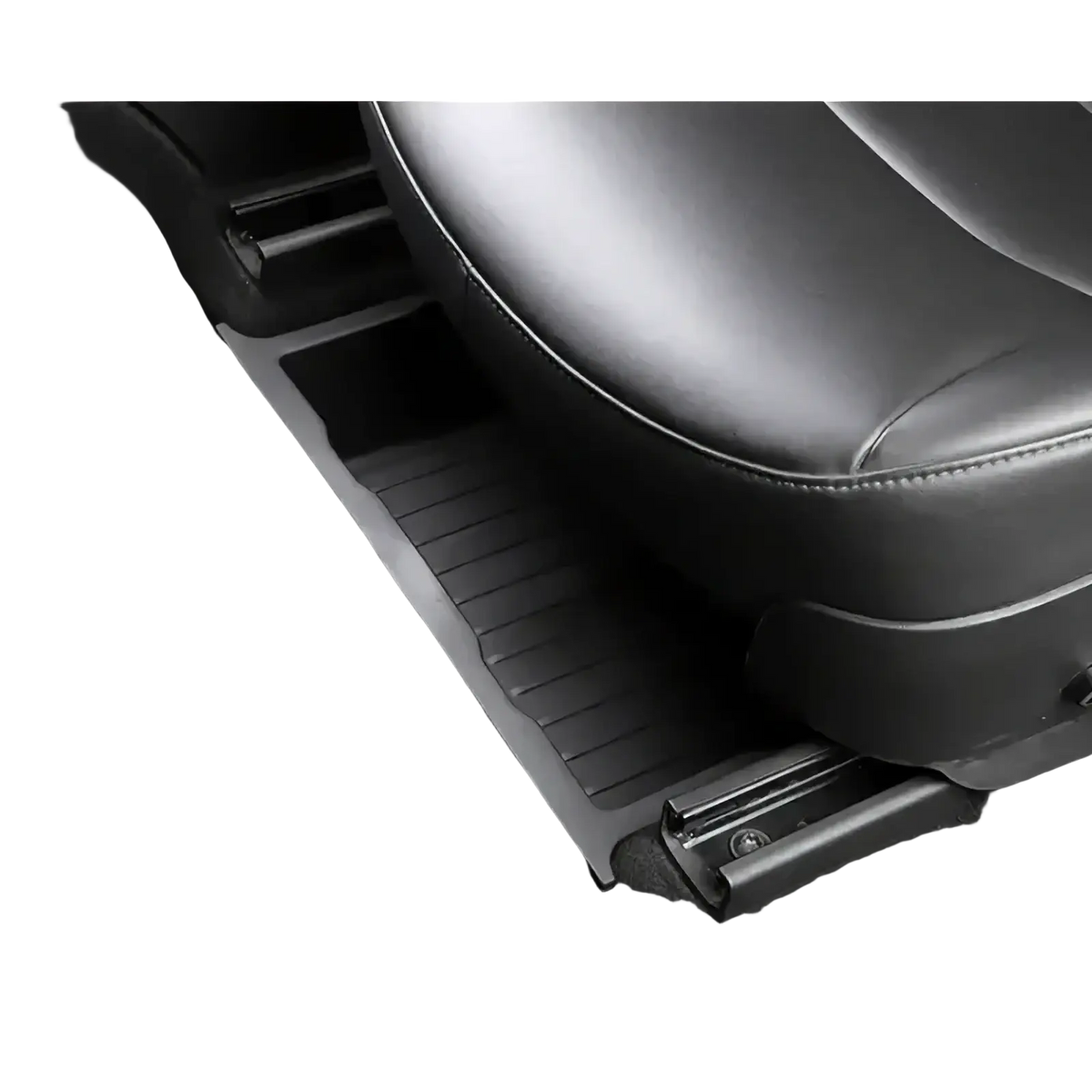 Black rubber under seat car organizer storage drawer tray with ribbed texture and metal mounting brackets