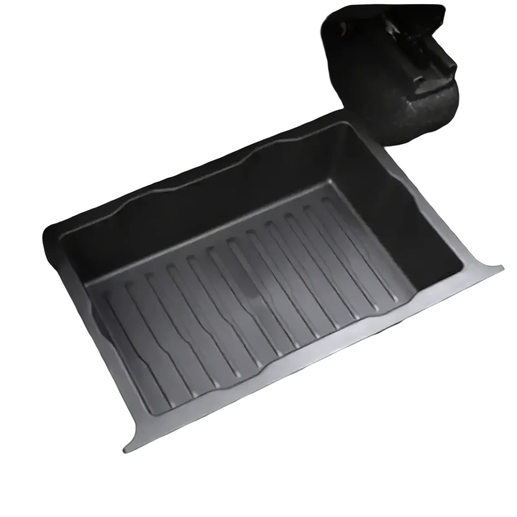 Gray plastic under seat car organizer storage drawer tray with ribbed texture and molded edges for footwell use