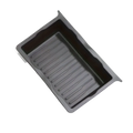 Gray plastic under seat car organizer storage drawer tray with ridged interior and raised edges for vehicle use
