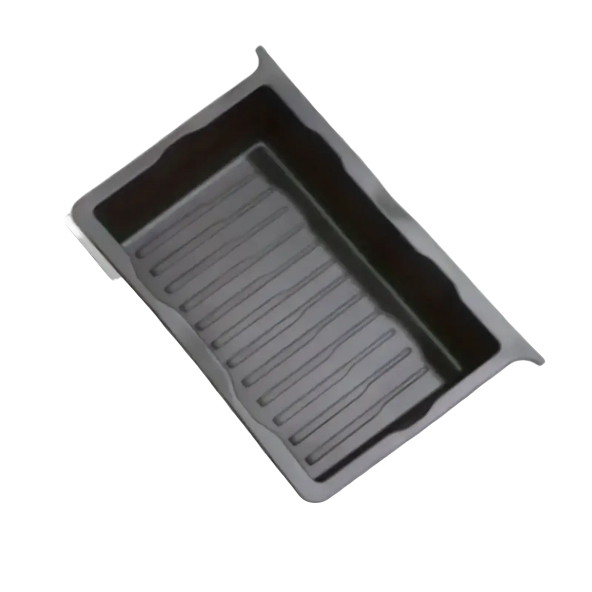 Gray plastic under seat car organizer storage drawer tray with ridged interior and raised edges for vehicle use