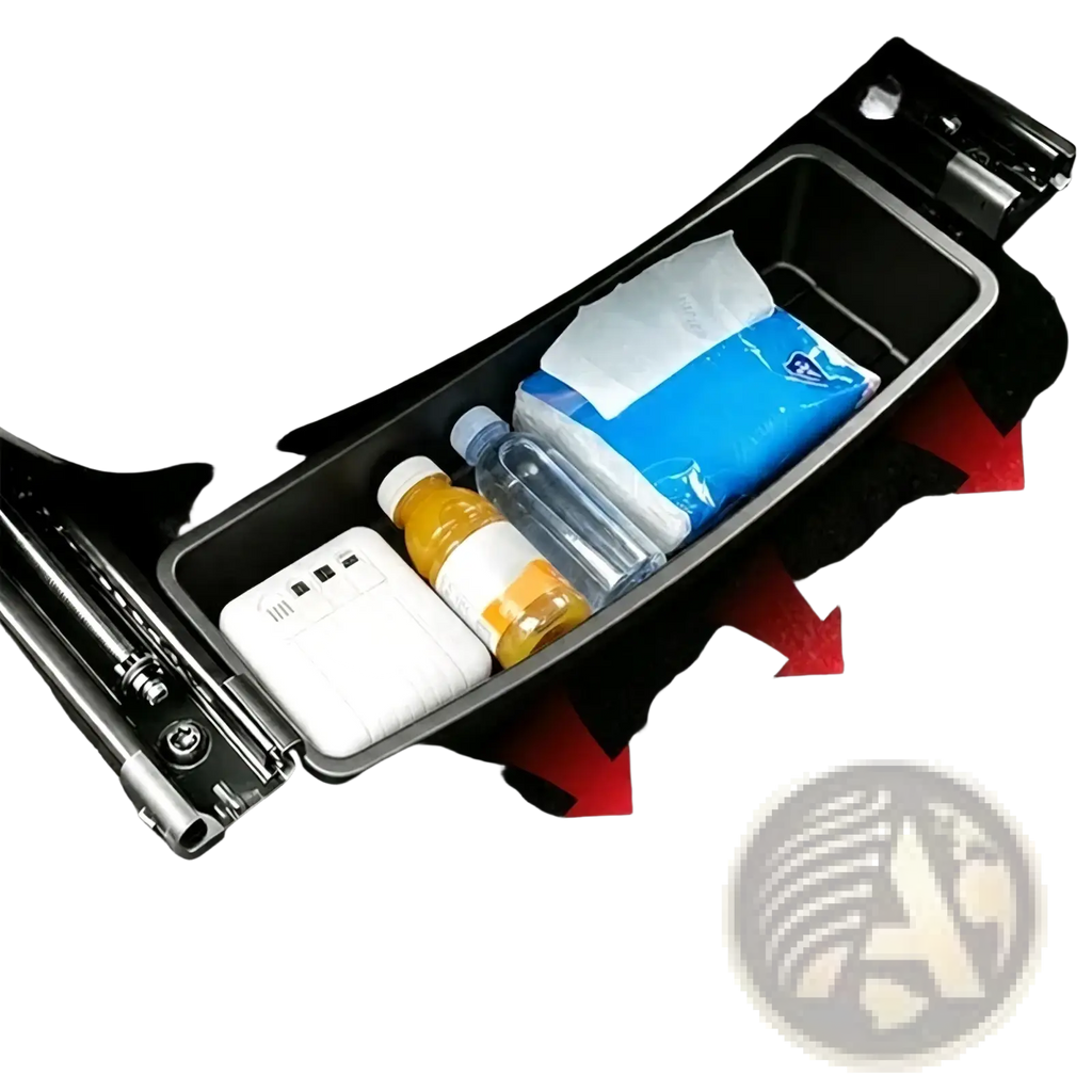 Black under seat car storage organizer box with hidden compartment and sleek modern design with smooth edges
